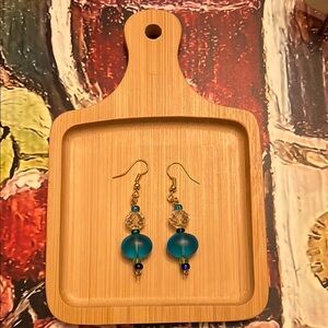 Blue and Gold Dangle Earrings with Glossy Beads